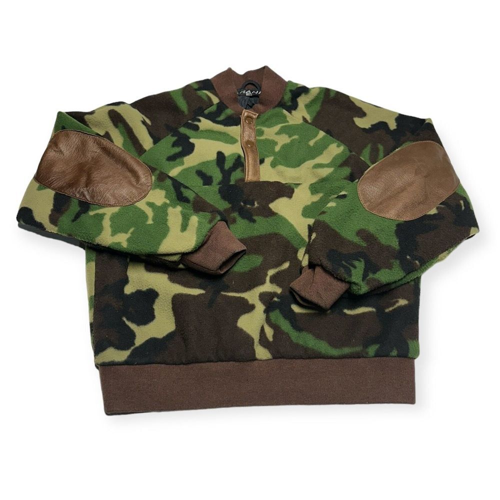 VTG Saranac Camo 1/4 Snap Button Fleece Pullover Jacket Elbow Patches Size L